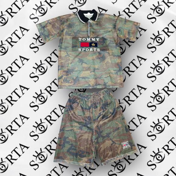 VTG 90s Tommy Hilfiger Camo Mesh Shirt and Shorts Set Size L - Picture 1 of 16
